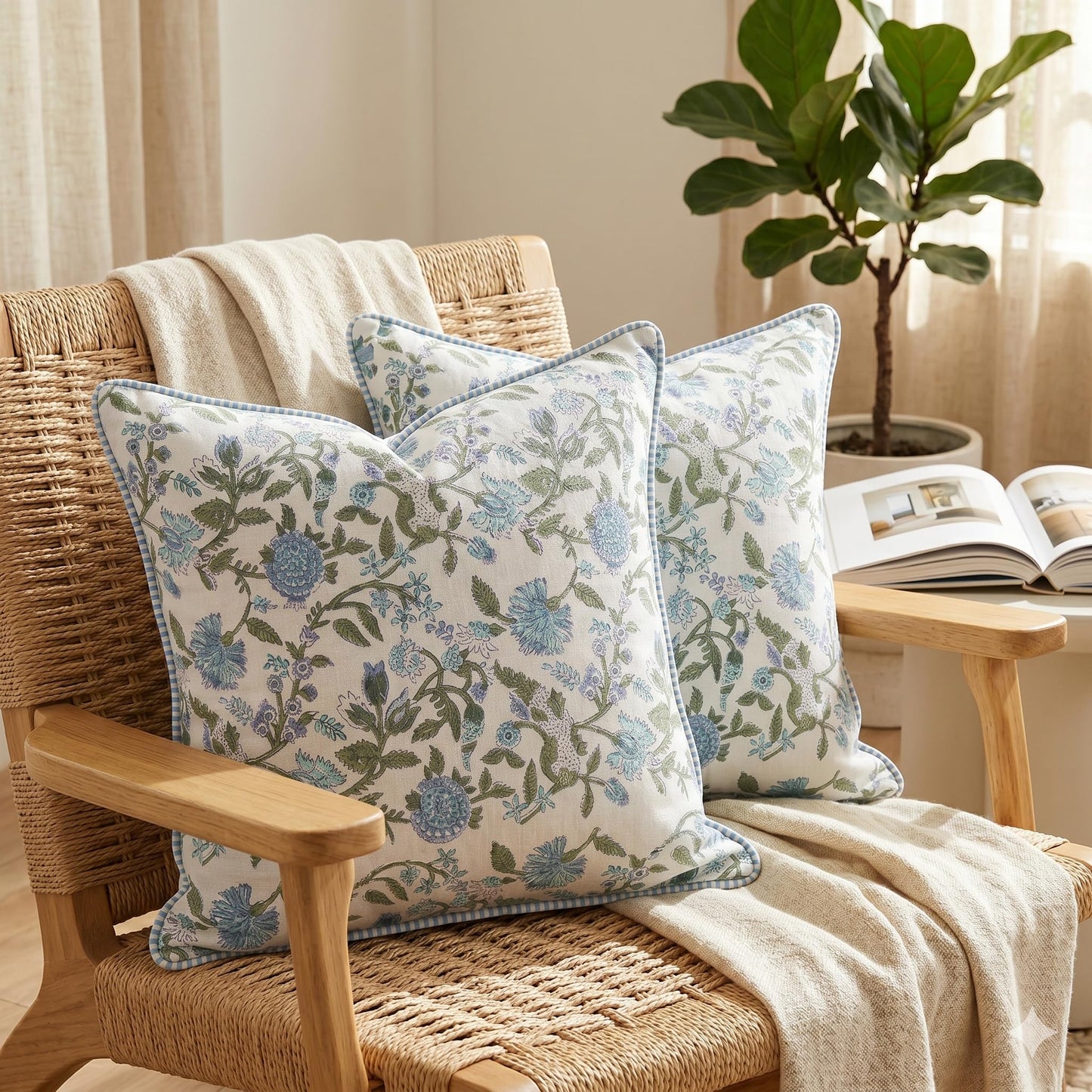 ATOSII Block Print Throw Pillow Cushion Covers, 20 X 20 - Set of 2, Decorative Couch Pillows for Living Room Bed Sofa, 100% Cotton Canvas Pillow Case for Home Decor & Outdoors - Clover Blue