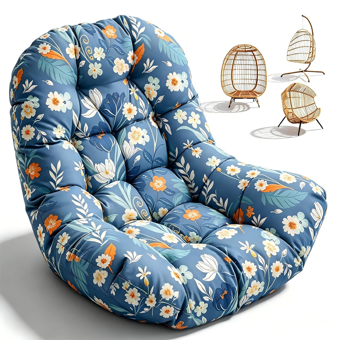 Waterproof Egg Chair Cushion Replacement Outdoor Hanging Egg Couch Cushion 47x35x7 Inches Thicken Chair Cushions with Ties, Blue Leaf