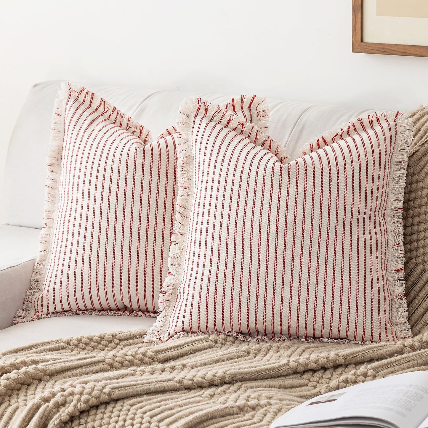 YEENAASY Throw Pillow Covers 22x22 Set of 2 Striped Fringe Pillow Cover Farmhouse Cushion Covers with Tassel Neutral Boho Pillows Decorative Square Pillowcase for Couch Sofa Bed, Khaki