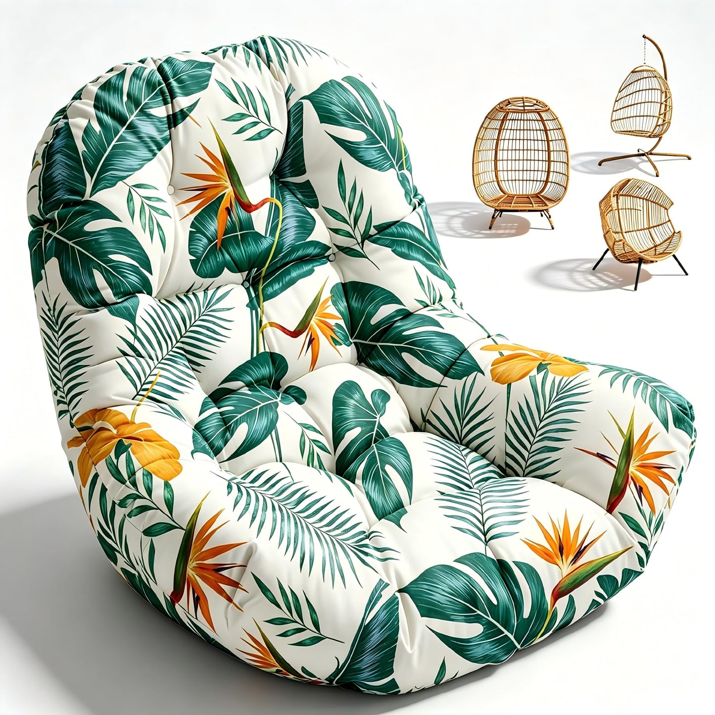 Waterproof Egg Chair Cushion Replacement Outdoor Hanging Egg Couch Cushion 47x35x7 Inches Thicken Chair Cushions with Ties, Blue Leaf