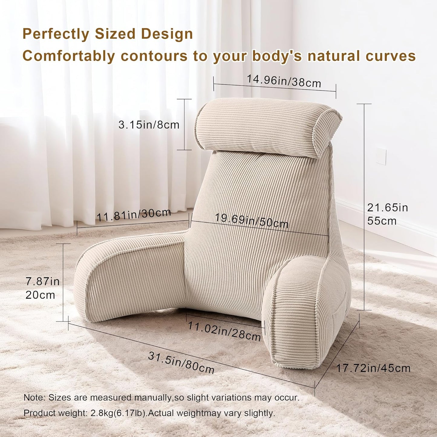Reading Pillow for Sitting Up in Bed, Corduroy Backrest Pillow with Arms, Side Pocket & Washable Cover, Bed Rest Pillow Back Support for Adults, Beige Gray
