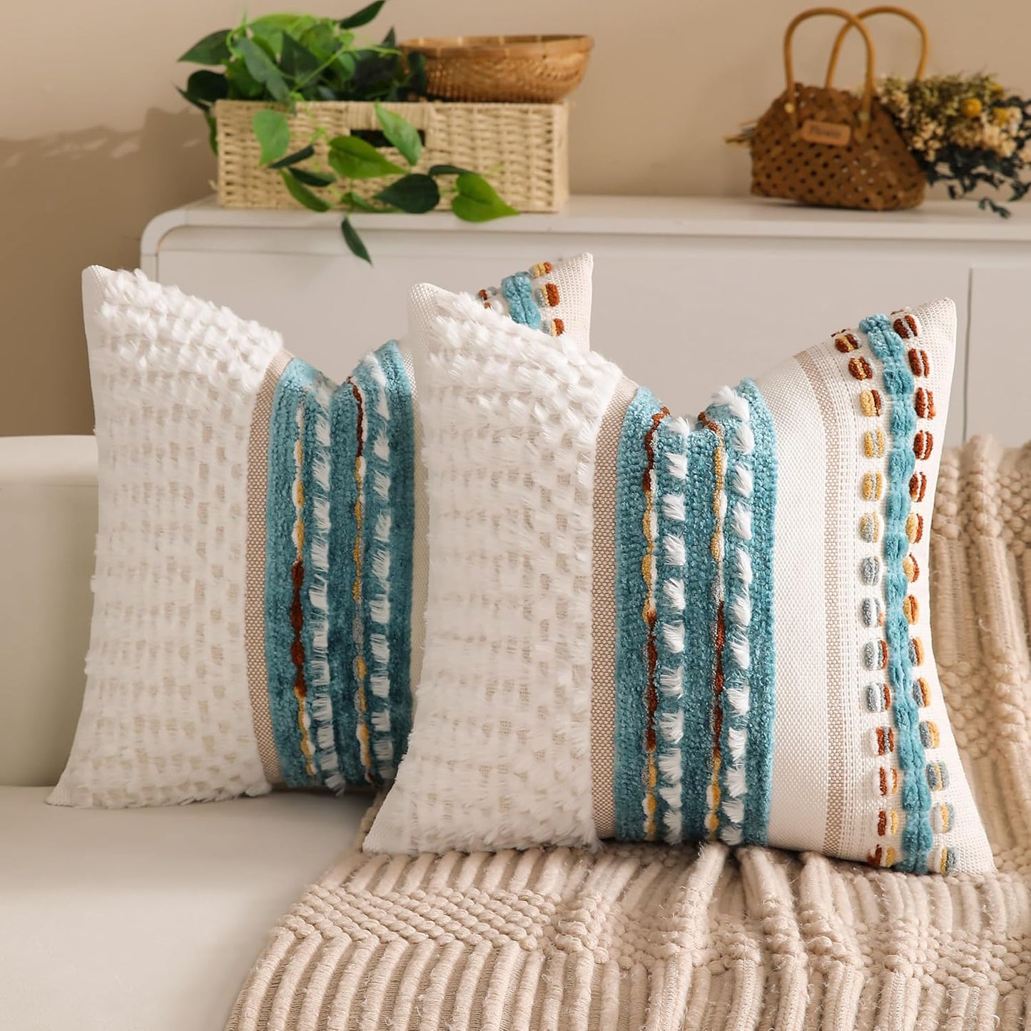 Boho Farmhouse Striped Neutral Decorative Throw Pillow Covers Set of 2