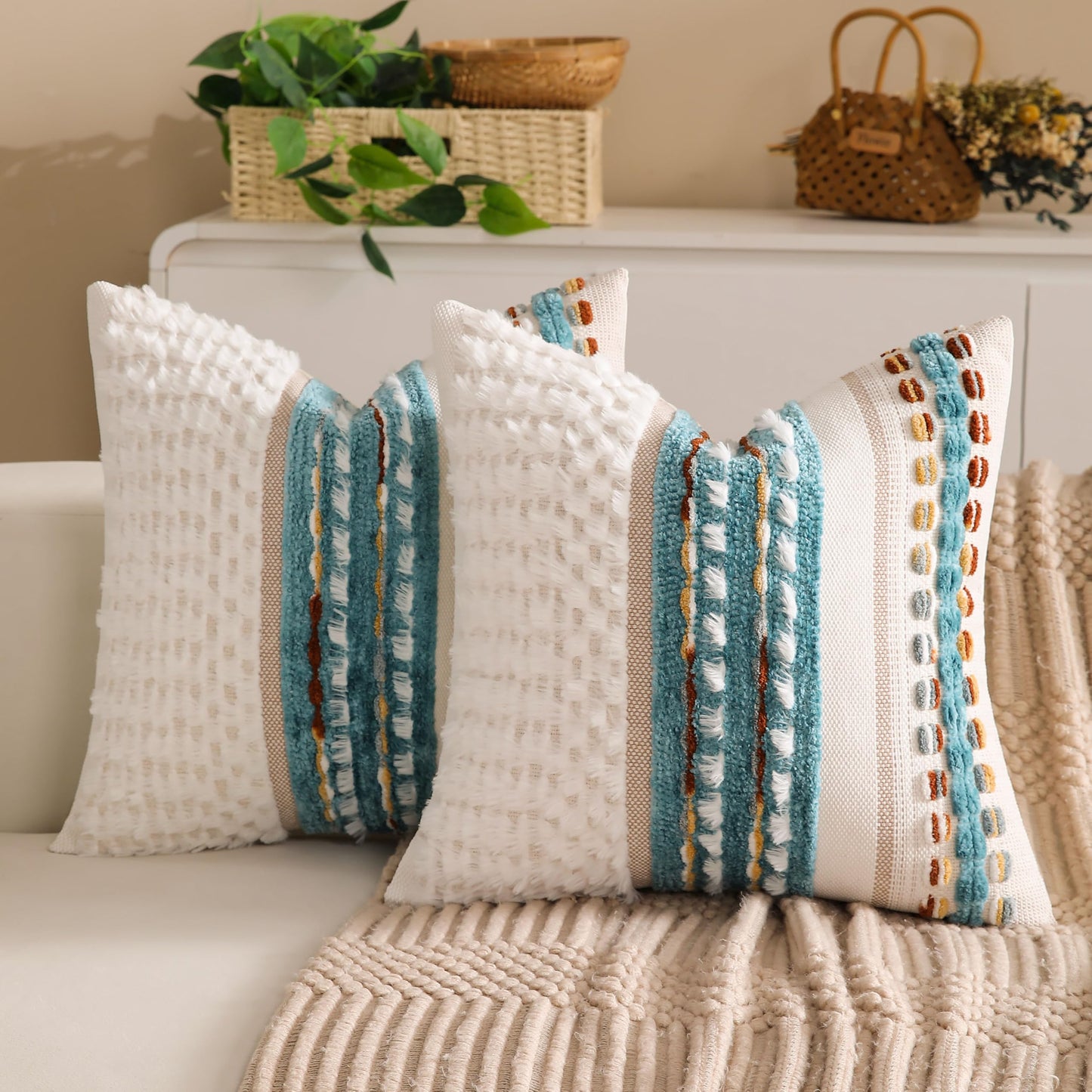 Boho Farmhouse Striped Neutral Decorative Throw Pillow Covers Set of 2