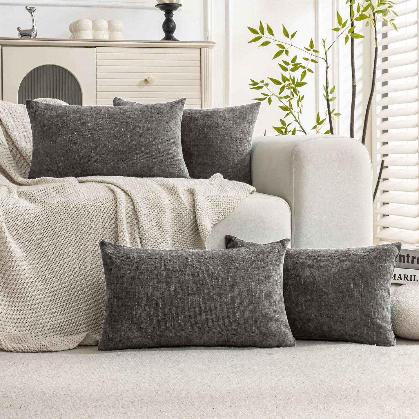 Set of 4 Soft Textured Decorative Throw Pillow Covers 24x24 Inch Cozy Farmhouse Cushion Cover Square Accent Pillow Cases for Bed Couch Sofa Living Room, Neutral