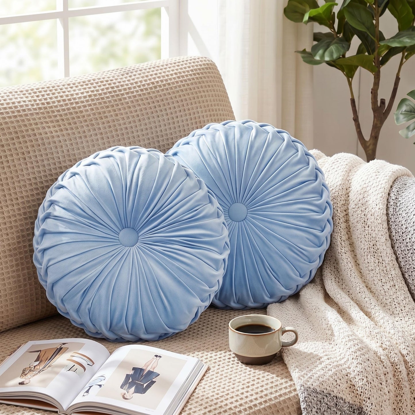 Kathfly Decorative Round Pleated Throw Pillows, Classy Velvet Pumpkin Round Throw Pillows, Decorative Floor Pillow for Bed Chair Home Sofa Decor, 14" Diameter(Orange, Yellow, Pink, Green,4 Pcs)