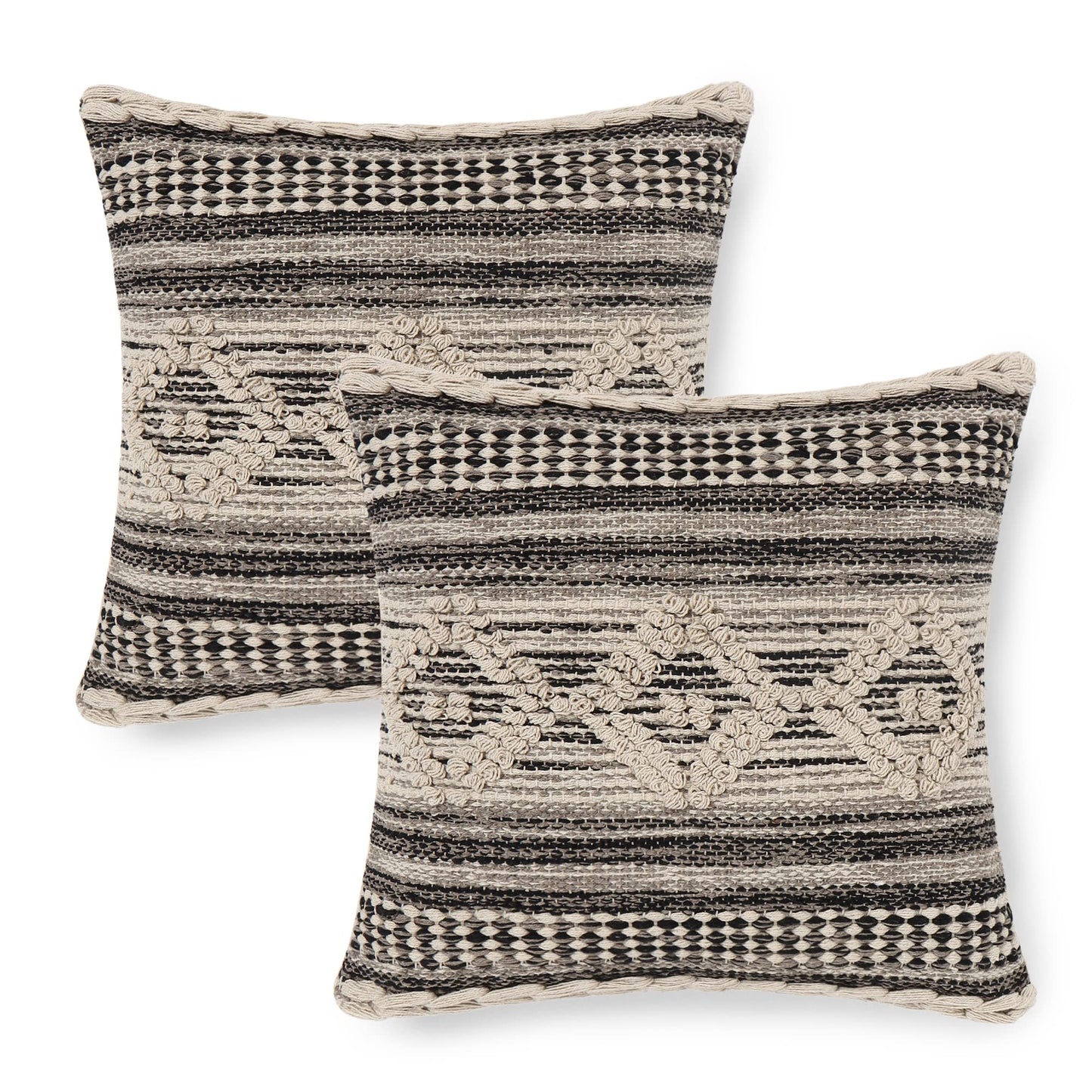 · REDEARTH · Tufted Throw Pillow Cushion Covers - Boho Textured Woven Decorative Cases Set for Couch - Sofa - Bed - Farmhouse - Chair - Covered Patio - car - 100% Cotton (18x18 ; Gray) Pack of 2