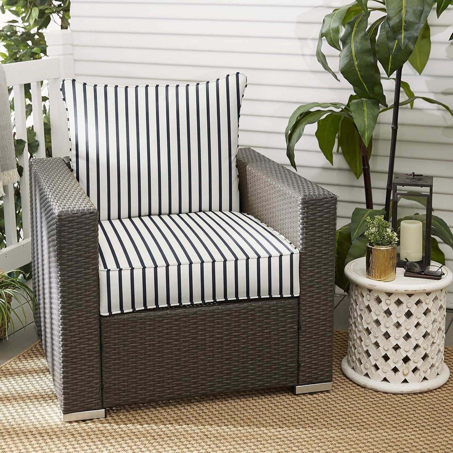 Sorra Home Sunbrella Deep Seating Cushion Set - Outdoor Chair Pad & Back Pillow, Water & Fade Resistant for Patio Furniture with Plush Foam - Lido Indigo (23" x 25" x 5")