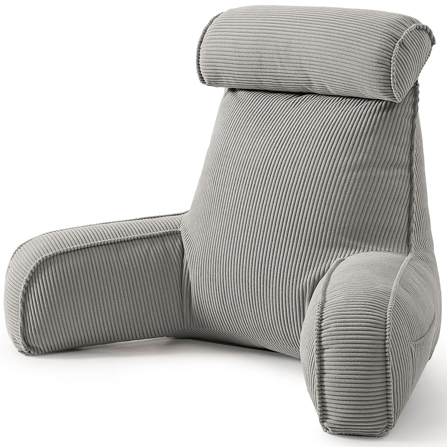 Reading Pillow for Sitting Up in Bed, Corduroy Backrest Pillow with Arms, Side Pocket & Washable Cover, Bed Rest Pillow Back Support for Adults, Beige Gray