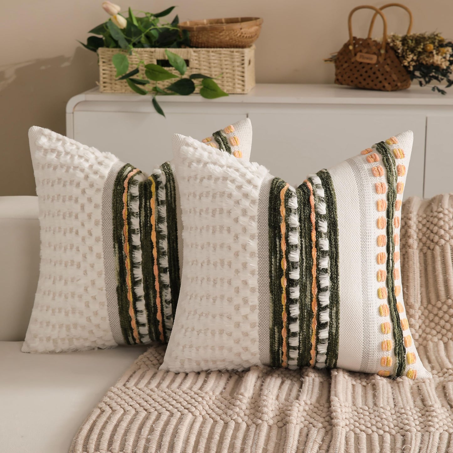 Boho Farmhouse Striped Neutral Decorative Throw Pillow Covers Set of 2