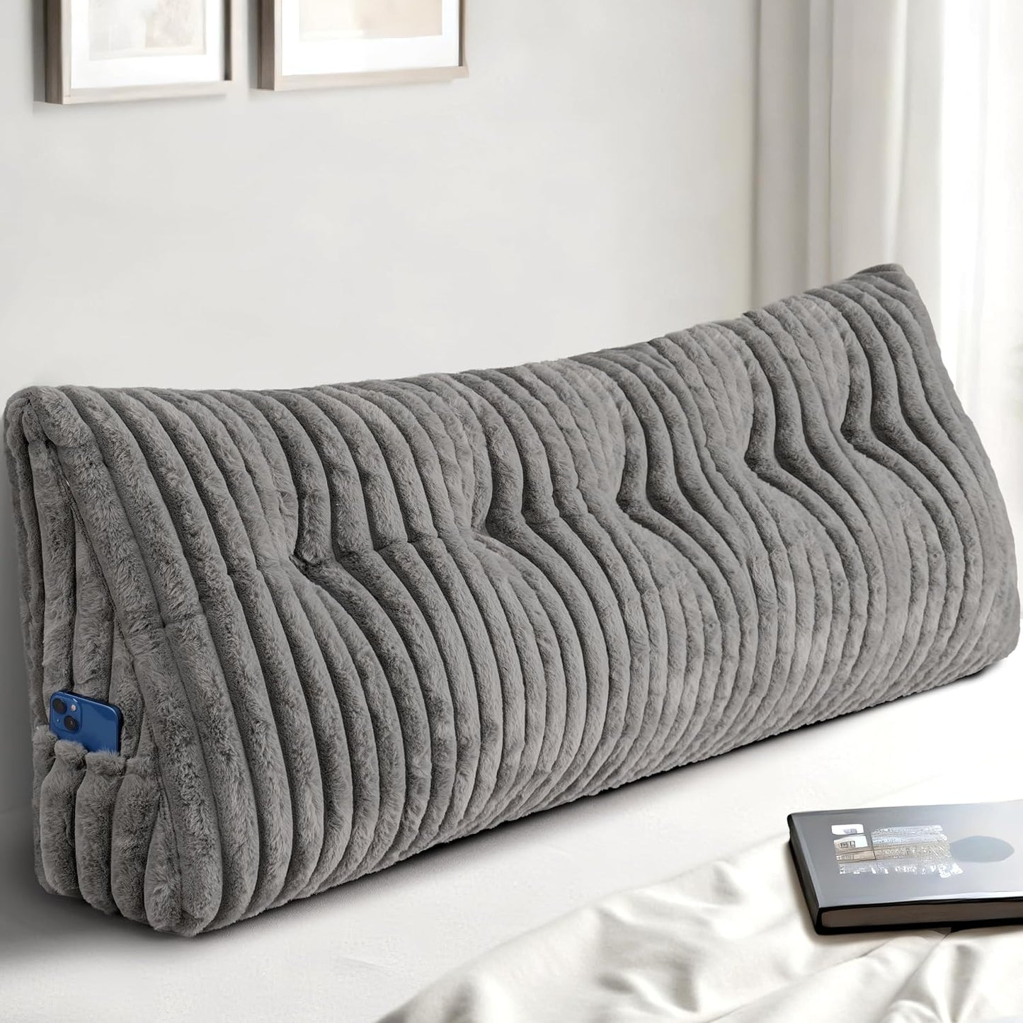Headboard Pillow Queen, Triangular Wedge Pillow Headboard Queen, Cushion Headboards Reading Pillows, Backrest Pillows for Sitting in Bed or Working with Removable Cover, Grey