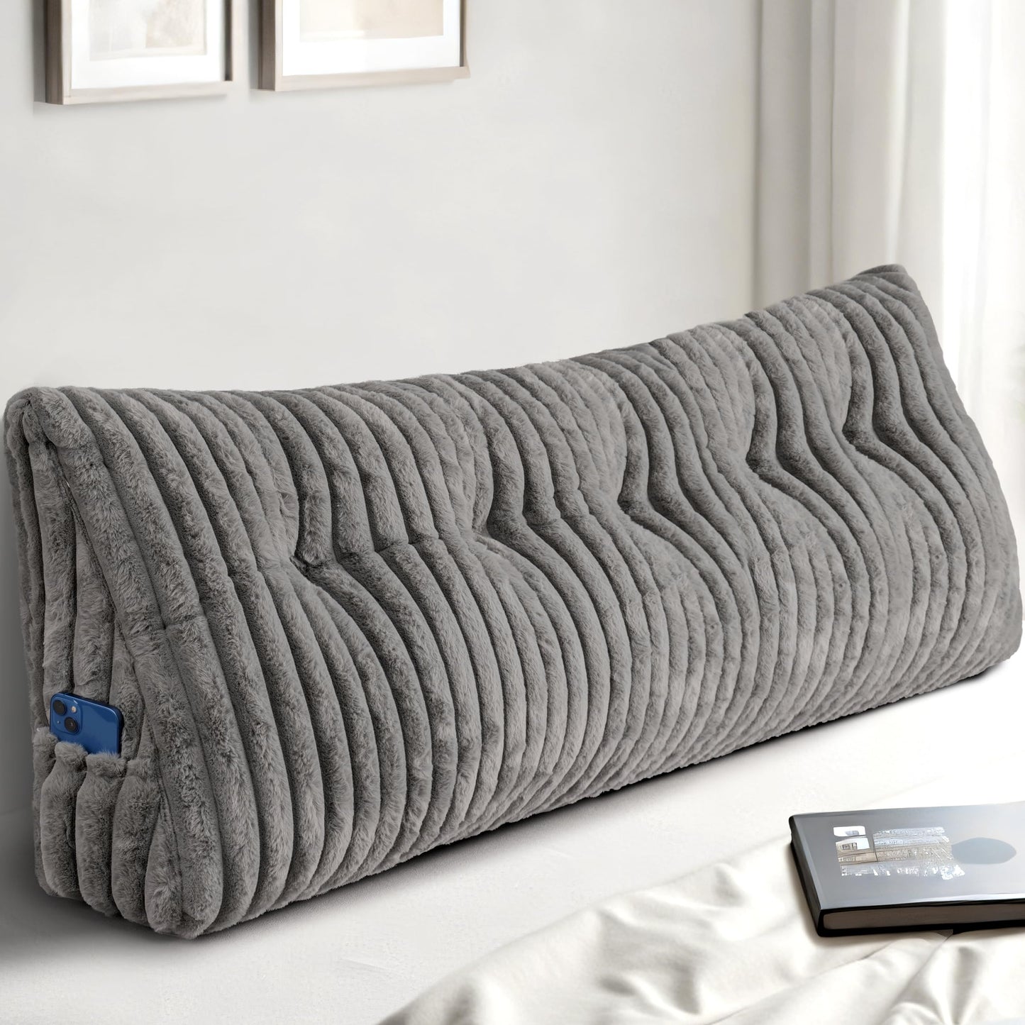 Headboard Pillow Queen, Triangular Wedge Pillow Headboard Queen, Cushion Headboards Reading Pillows, Backrest Pillows for Sitting in Bed or Working with Removable Cover, Grey