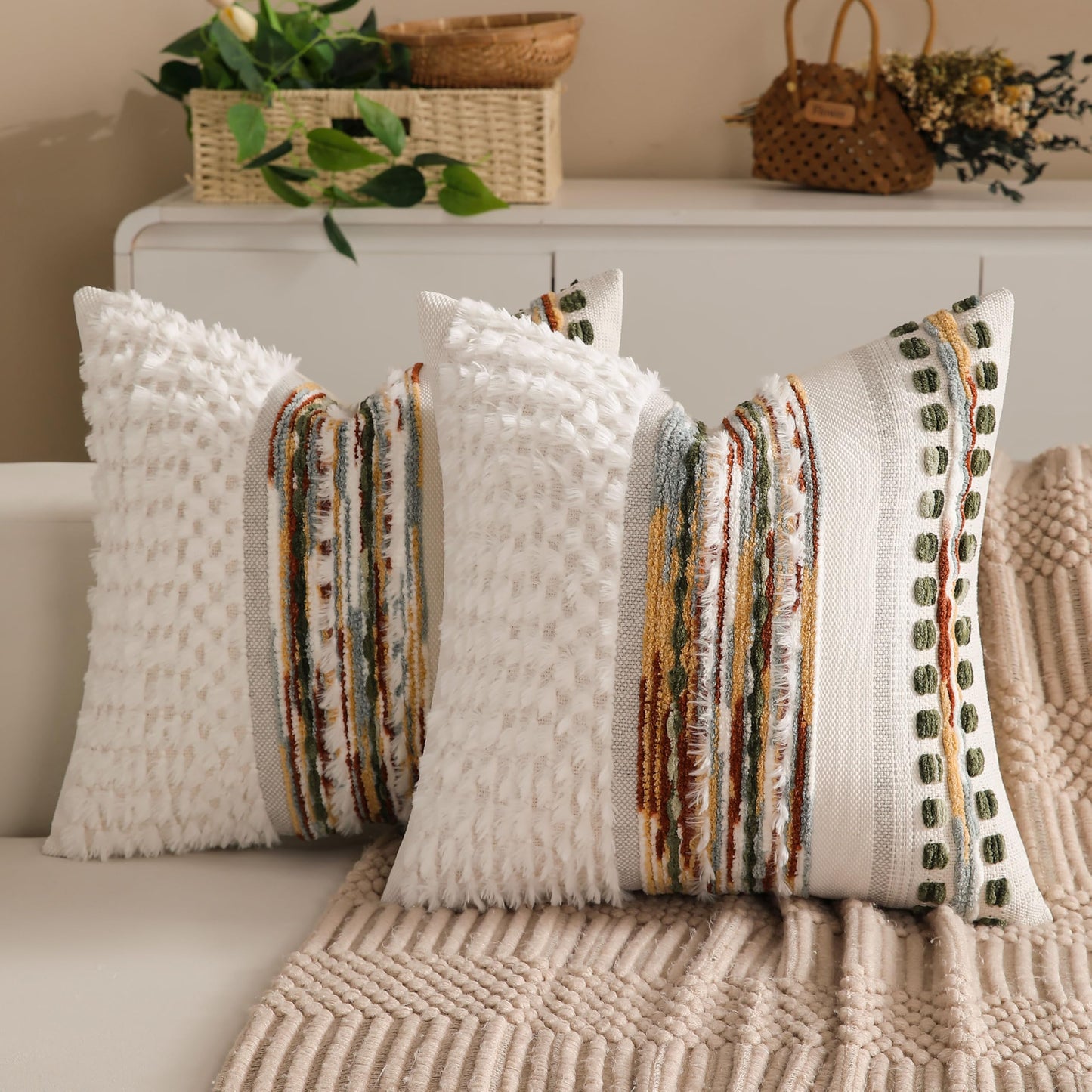 Boho Farmhouse Striped Neutral Decorative Throw Pillow Covers Set of 2