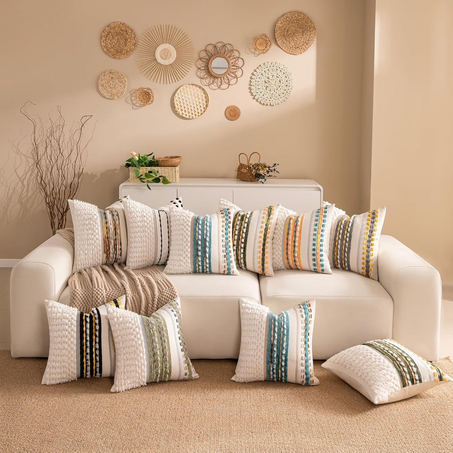 Boho Farmhouse Striped Neutral Decorative Throw Pillow Covers Set of 2