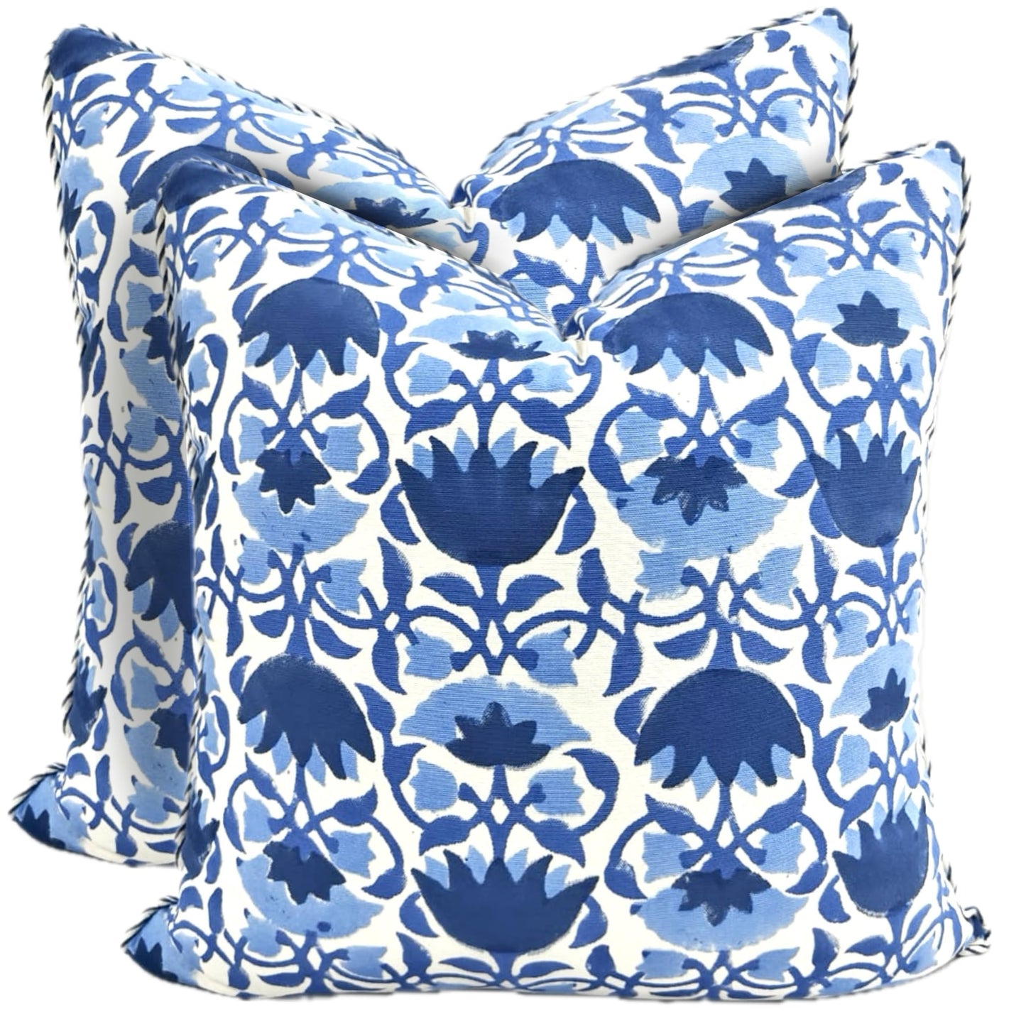 ATOSII Block Print Throw Pillow Cushion Covers, 20 X 20 - Set of 2, Decorative Couch Pillows for Living Room Bed Sofa, 100% Cotton Canvas Pillow Case for Home Decor & Outdoors - Clover Blue