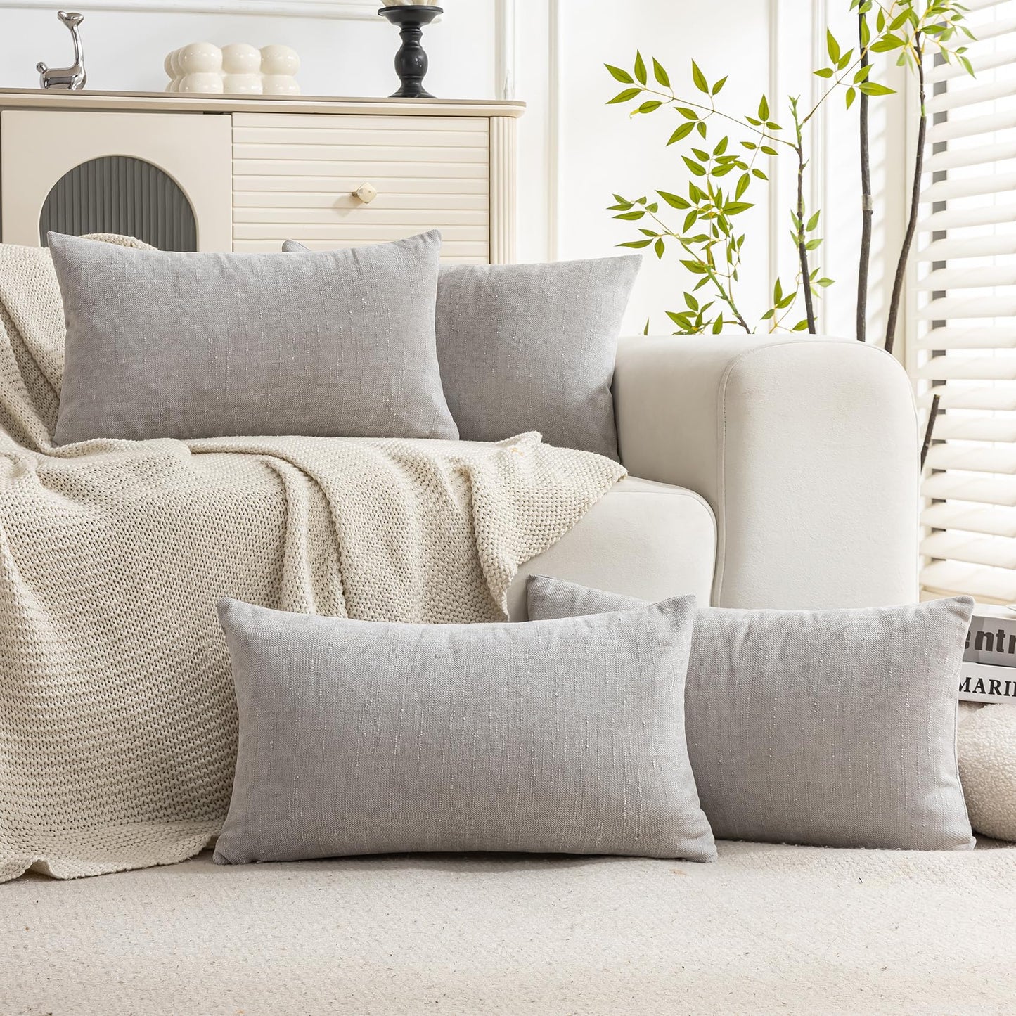 Set of 4 Soft Textured Decorative Throw Pillow Covers 24x24 Inch Cozy Farmhouse Cushion Cover Square Accent Pillow Cases for Bed Couch Sofa Living Room, Neutral
