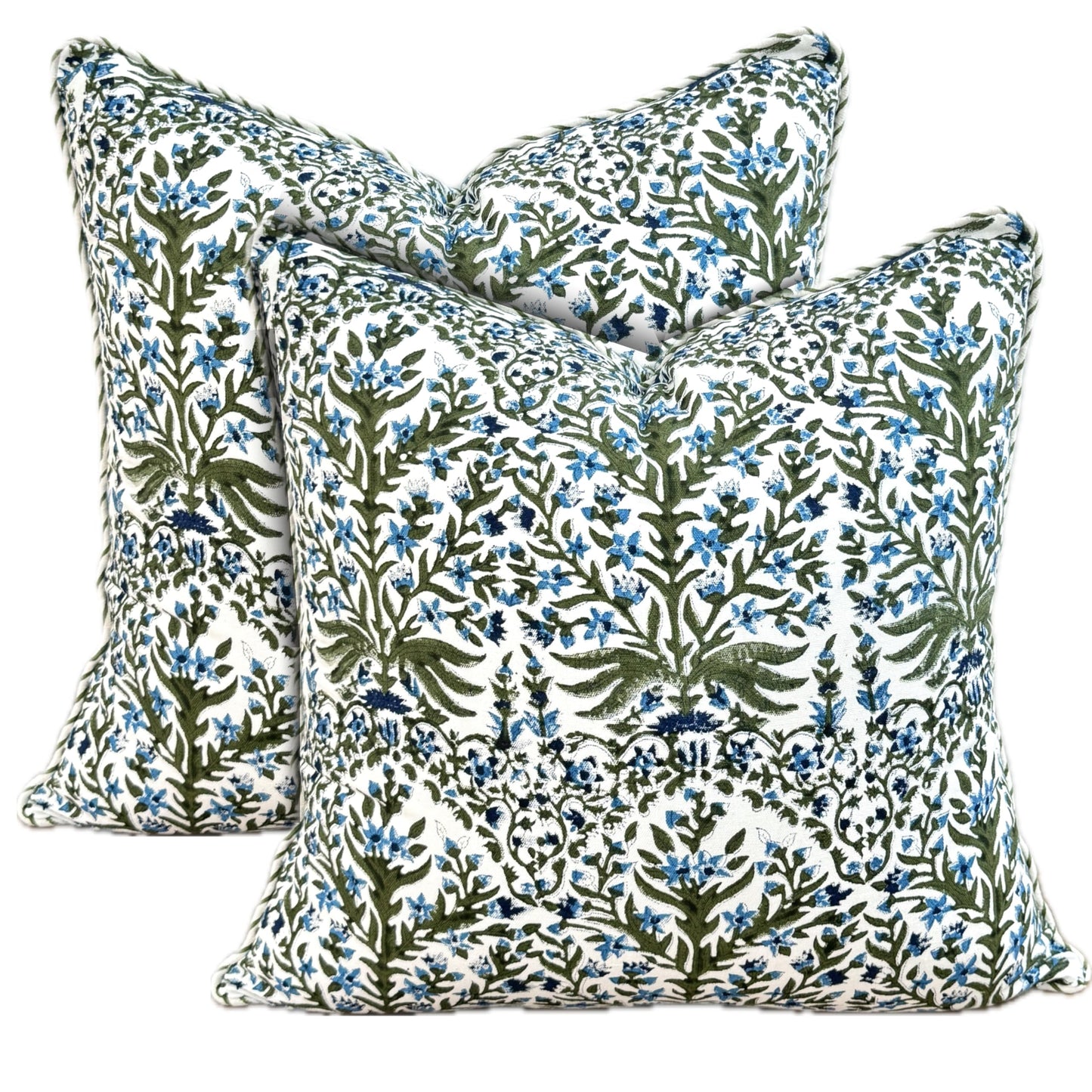 ATOSII Block Print Throw Pillow Cushion Covers, 20 X 20 - Set of 2, Decorative Couch Pillows for Living Room Bed Sofa, 100% Cotton Canvas Pillow Case for Home Decor & Outdoors - Clover Blue