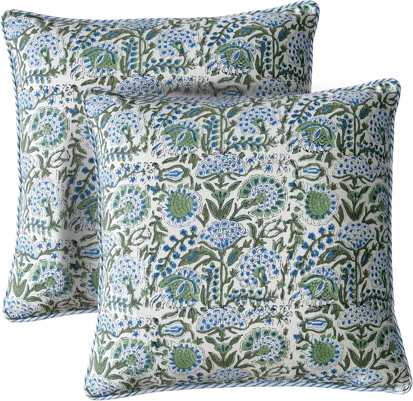 ATOSII Block Print Throw Pillow Cushion Covers, 20 X 20 - Set of 2, Decorative Couch Pillows for Living Room Bed Sofa, 100% Cotton Canvas Pillow Case for Home Decor & Outdoors - Clover Blue