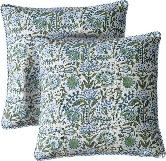 ATOSII Block Print Throw Pillow Cushion Covers, 20 X 20 - Set of 2, Decorative Couch Pillows for Living Room Bed Sofa, 100% Cotton Canvas Pillow Case for Home Decor & Outdoors - Clover Blue