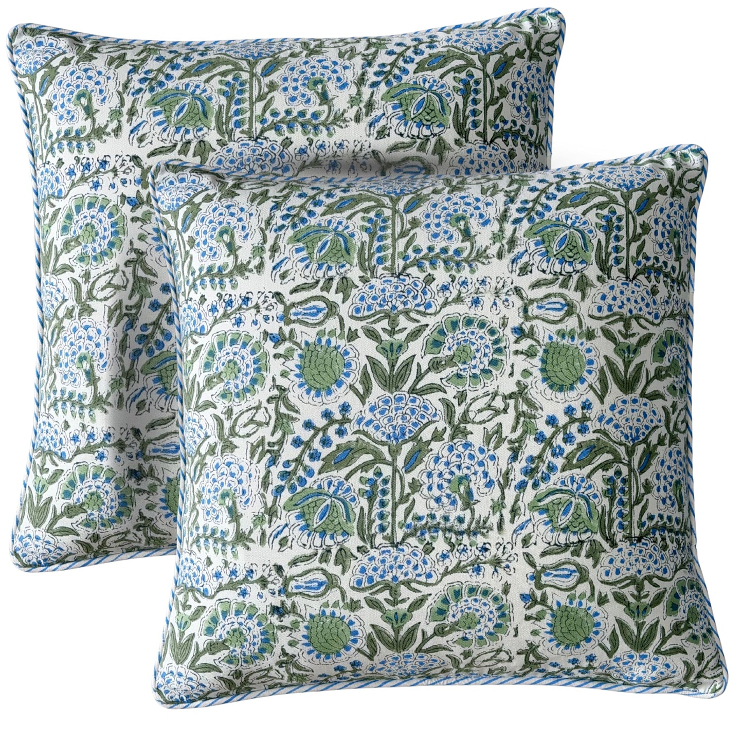 ATOSII Block Print Throw Pillow Cushion Covers, 20 X 20 - Set of 2, Decorative Couch Pillows for Living Room Bed Sofa, 100% Cotton Canvas Pillow Case for Home Decor & Outdoors - Clover Blue