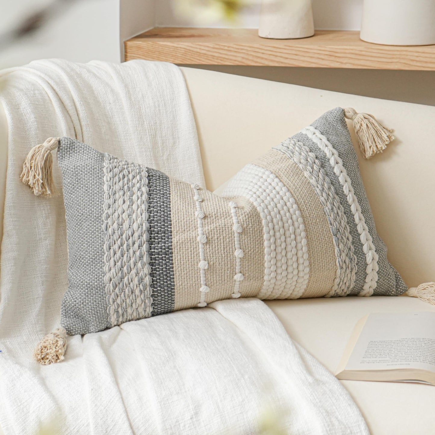 Coastal Boho Textured Decorative Lumbar Throw Pillow Cover Set
