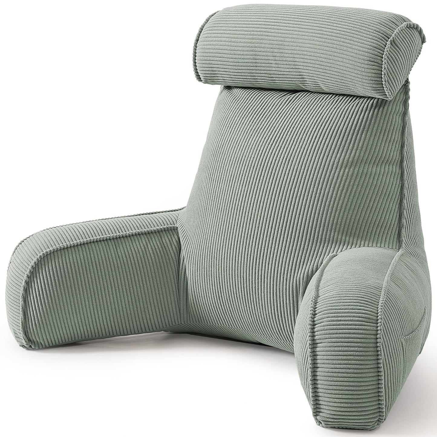 Reading Pillow for Sitting Up in Bed, Corduroy Backrest Pillow with Arms, Side Pocket & Washable Cover, Bed Rest Pillow Back Support for Adults, Beige Gray