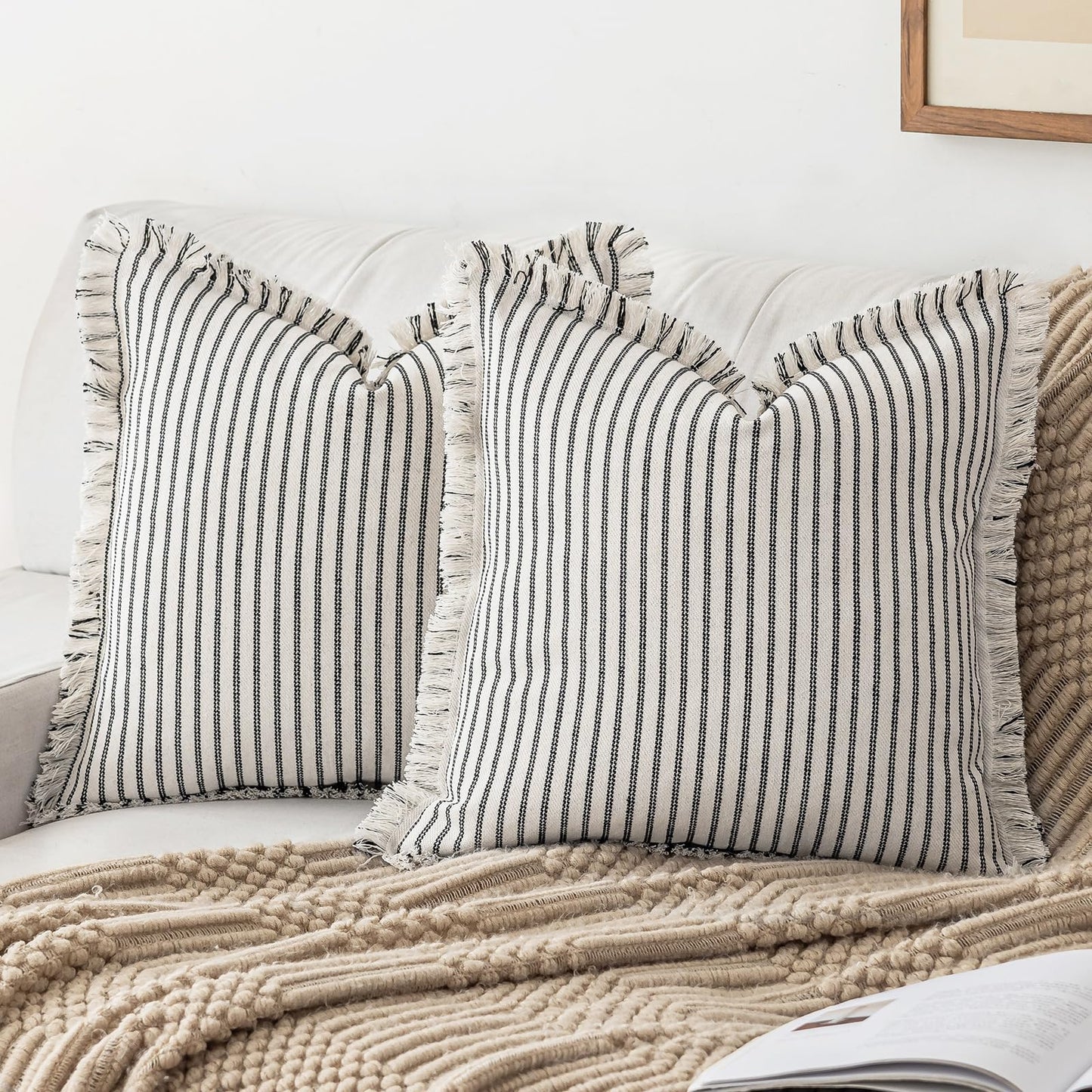 YEENAASY Throw Pillow Covers 22x22 Set of 2 Striped Fringe Pillow Cover Farmhouse Cushion Covers with Tassel Neutral Boho Pillows Decorative Square Pillowcase for Couch Sofa Bed, Khaki