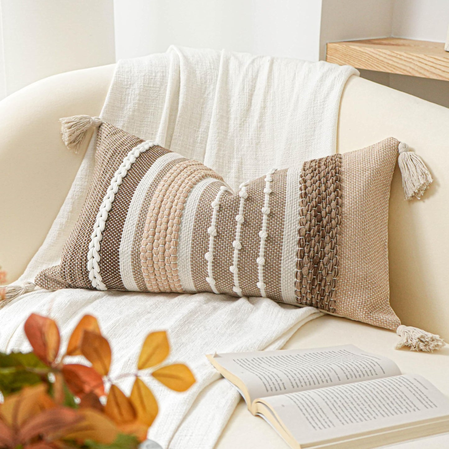 Coastal Boho Textured Decorative Lumbar Throw Pillow Cover Set