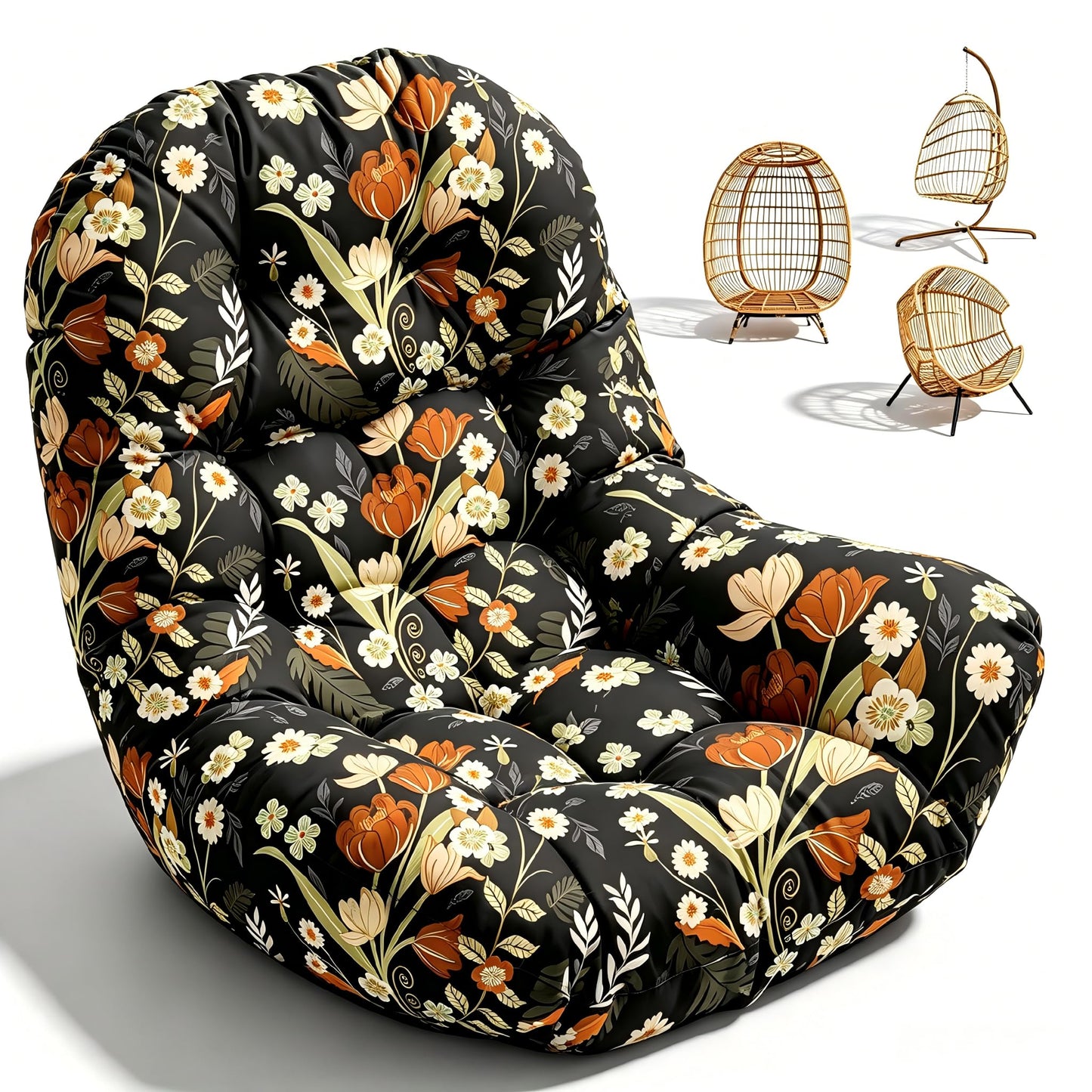 Waterproof Egg Chair Cushion Replacement Outdoor Hanging Egg Couch Cushion 47x35x7 Inches Thicken Chair Cushions with Ties, Blue Leaf