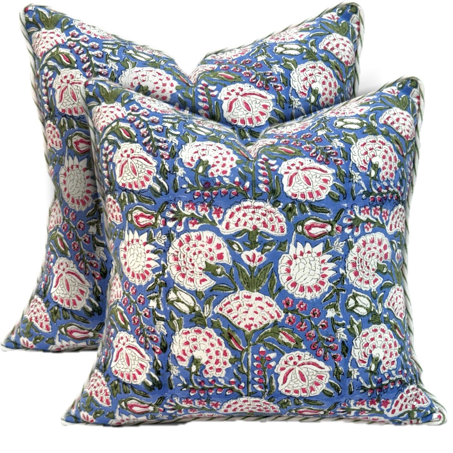 ATOSII Block Print Throw Pillow Cushion Covers, 20 X 20 - Set of 2, Decorative Couch Pillows for Living Room Bed Sofa, 100% Cotton Canvas Pillow Case for Home Decor & Outdoors - Clover Blue