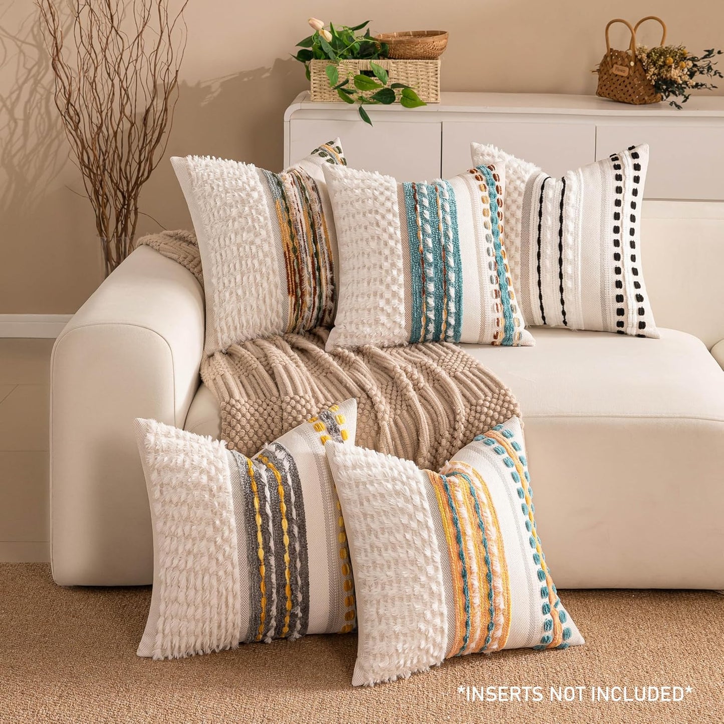 Boho Farmhouse Striped Neutral Decorative Throw Pillow Covers Set of 2