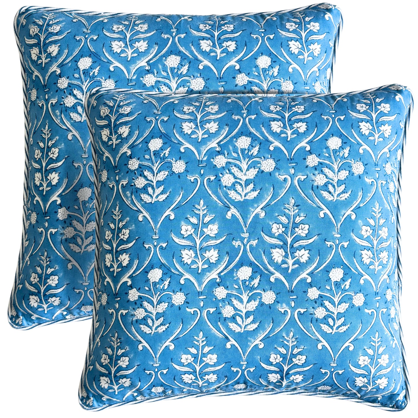 ATOSII Block Print Throw Pillow Cushion Covers, 20 X 20 - Set of 2, Decorative Couch Pillows for Living Room Bed Sofa, 100% Cotton Canvas Pillow Case for Home Decor & Outdoors - Clover Blue